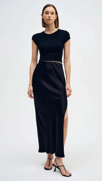 Enza Costa Satin Bias Midi Skirt in Black