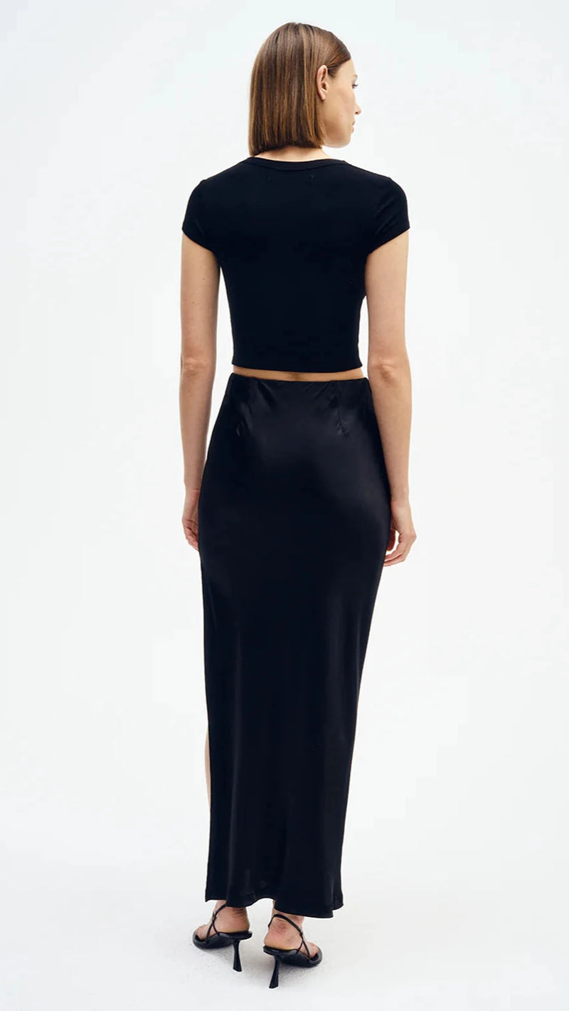 Enza Costa Satin Bias Midi Skirt in Black