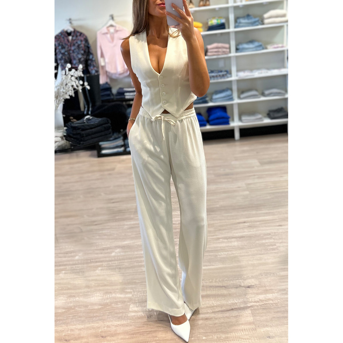 Enza Costa Crepe Drawstring Resort Pants in Cream