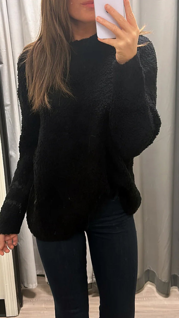 Enza Costa Wool Feather Oversized Crew Sweater in Black