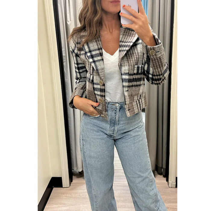 Central Park West Flora Cropped Jacket in Blue Plaid