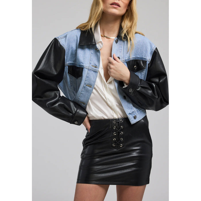 Generation Love Valex Faux Leather Combo Denim Jacket in Light Blue/Black