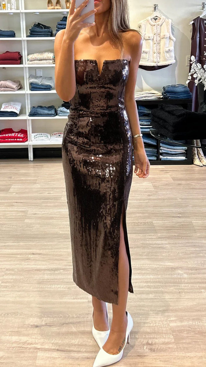 Generation Love Blaine Sequin Strapless Midi Dress in Brown