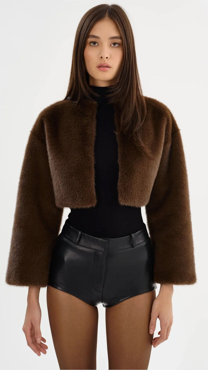 Lamarque Rowdie Leo Faux Fur Crop Jacket in Walnut