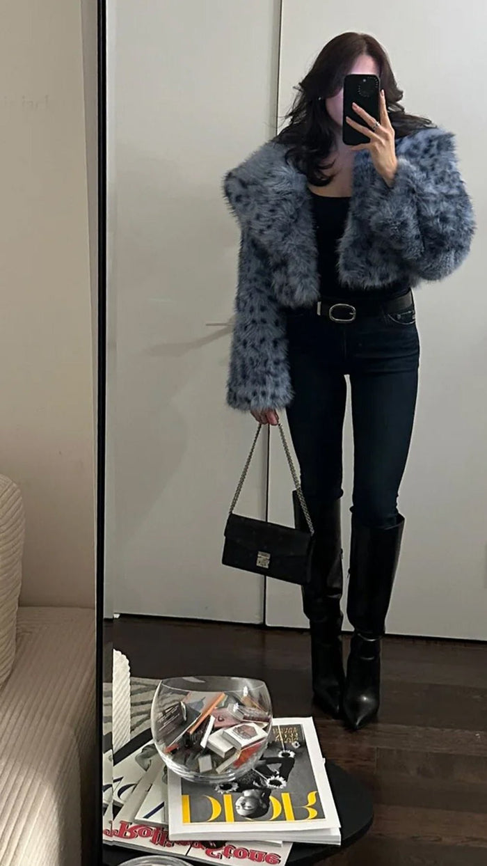 Lamarque Danika Leo Faux Fur Crop Jacket in Blue Leopard