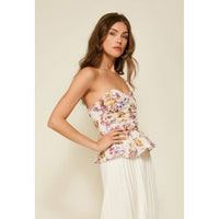 Line and Dot Floret Strapless Peplum Top in Pink Multi