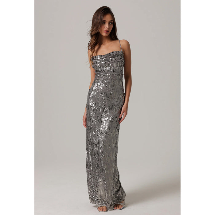 Line and Dot Cache Sequin Dress in Silver