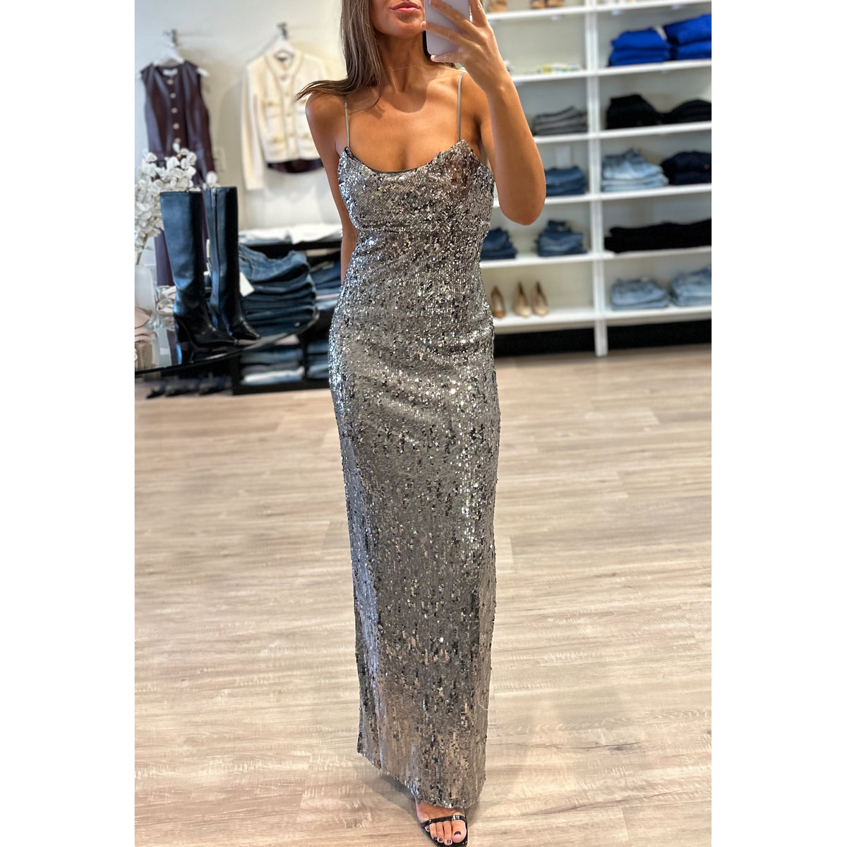 Line and Dot Cache Sequin Dress in Silver