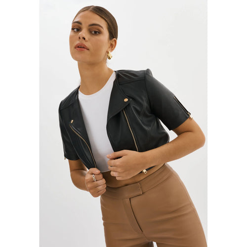 Lamarque Kirsi Short Sleeve Cropped Leather Jacket in Black/Gold