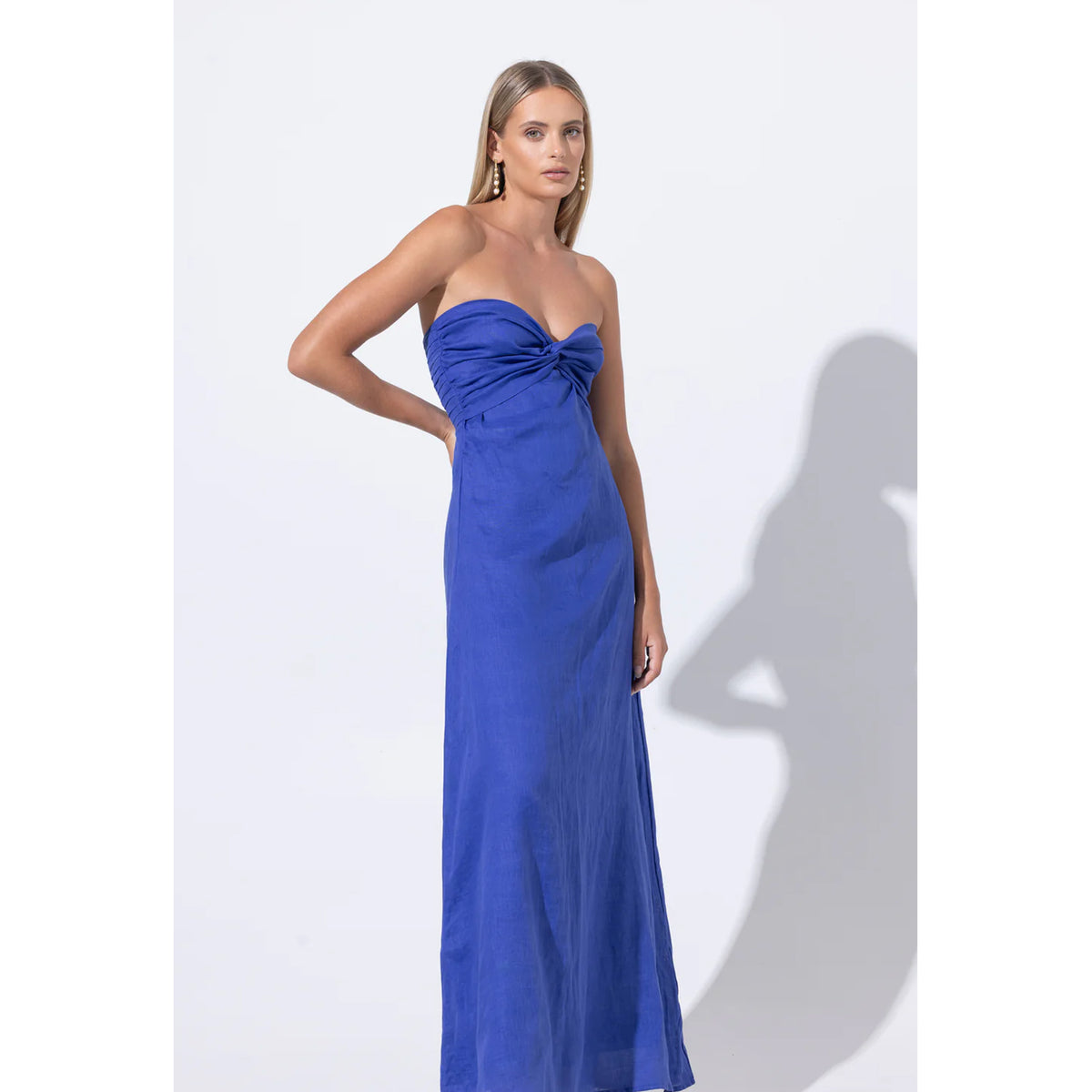 Lusana Melody Strapless Linen Maxi Dress in Nordic Blue