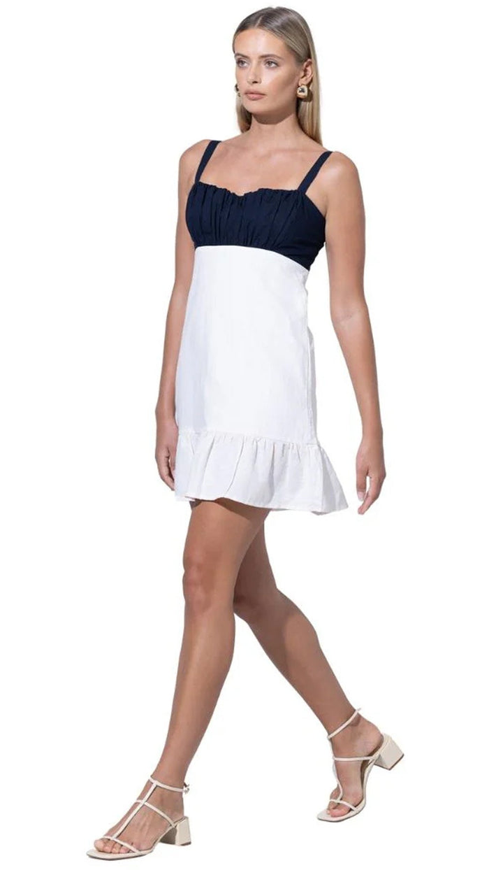 Lusana Reece Ruffle Linen Dress in White/Navy