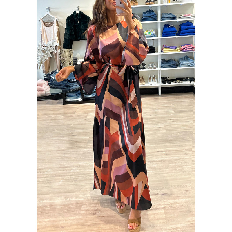 Misa Laurie Bell Sleeve Maxi Dress in Canyon Stripe Satin