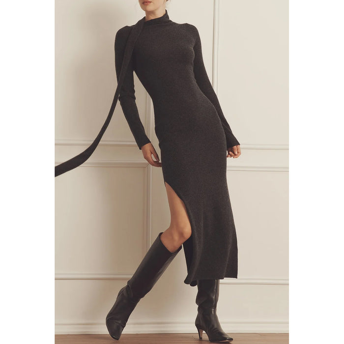 Naadam Cashmere Luxe Cashmere Asymmetrical Dress with Scarf in Smoke