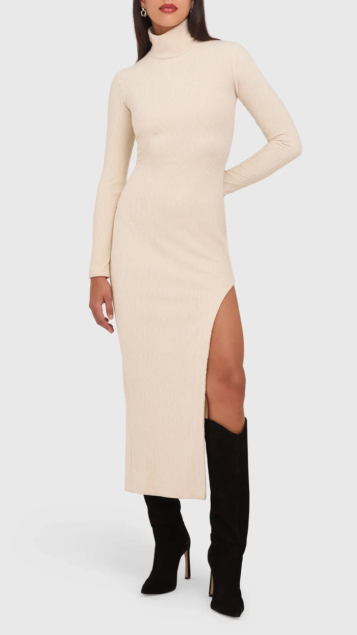 Amanda Uprichard Secora Mock Neck Velvet Midi Dress in Cream