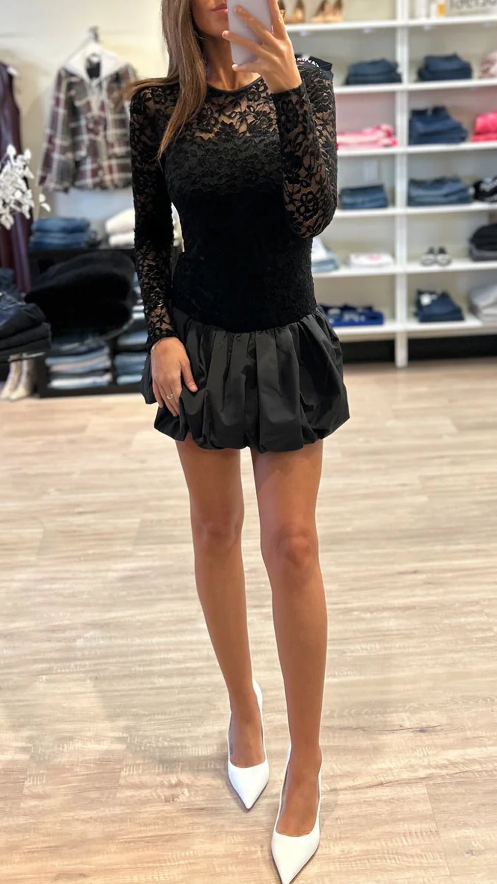 Amanda Uprichard Lacey Long Sleeve Lace Skort Romper in Black