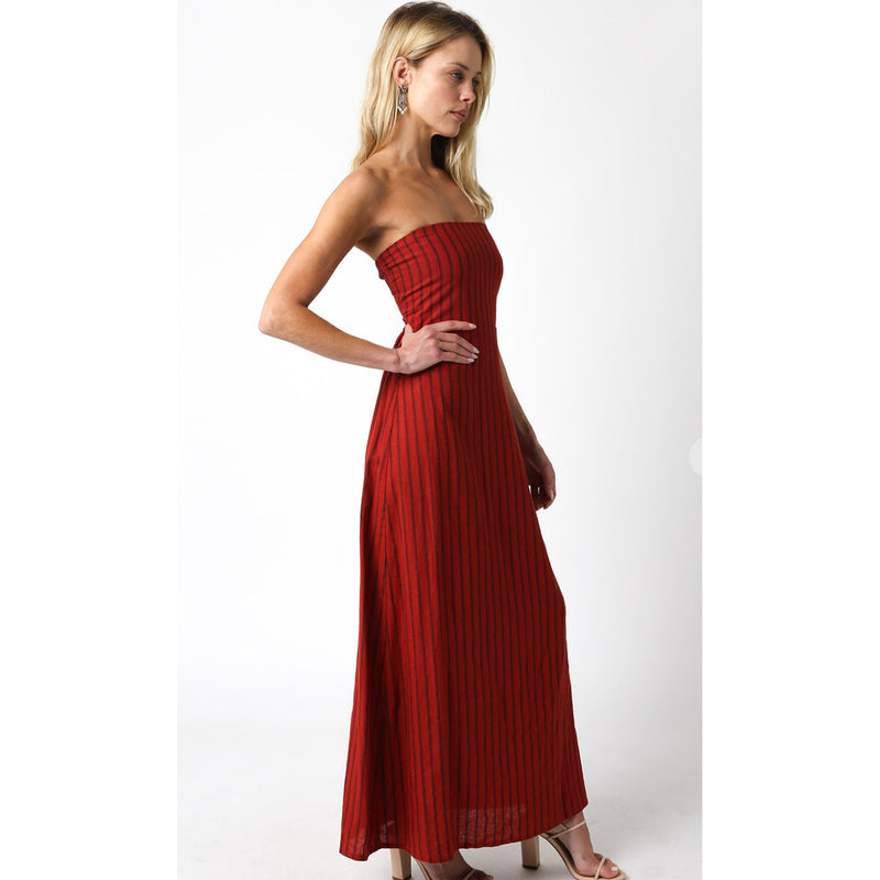 Olivaceous Stacy Strapless Linen Maxi Dress in Scarlet