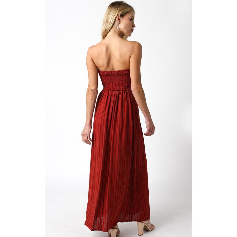 Olivaceous Stacy Strapless Linen Maxi Dress in Scarlet