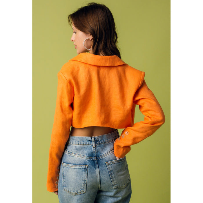 Olivaceous Villie Cropped Linen Blazer in Orange