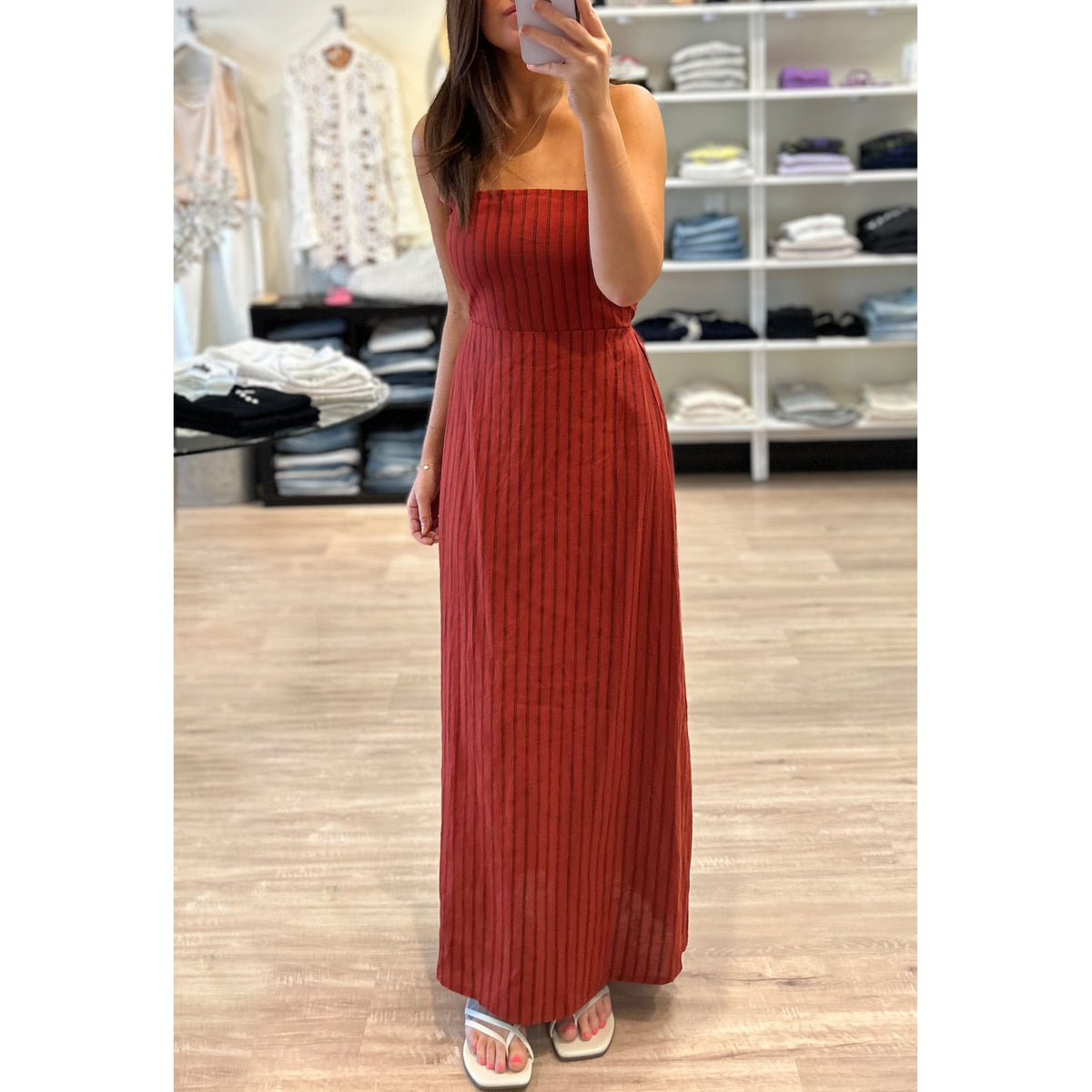 Olivaceous Stacy Strapless Linen Maxi Dress in Scarlet