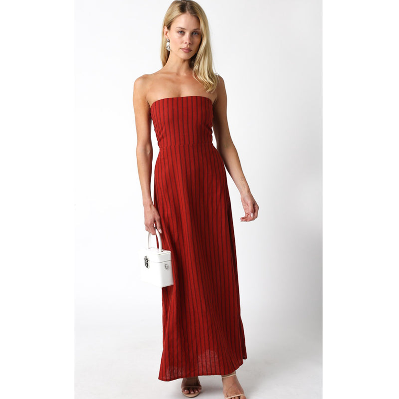 Olivaceous Stacy Strapless Linen Maxi Dress in Scarlet