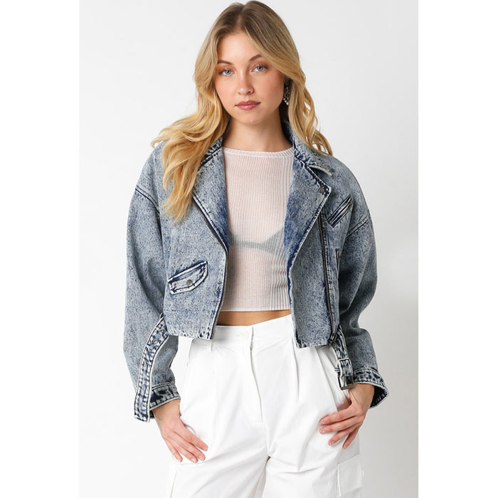 Olivaceous Denim Moto Jacket