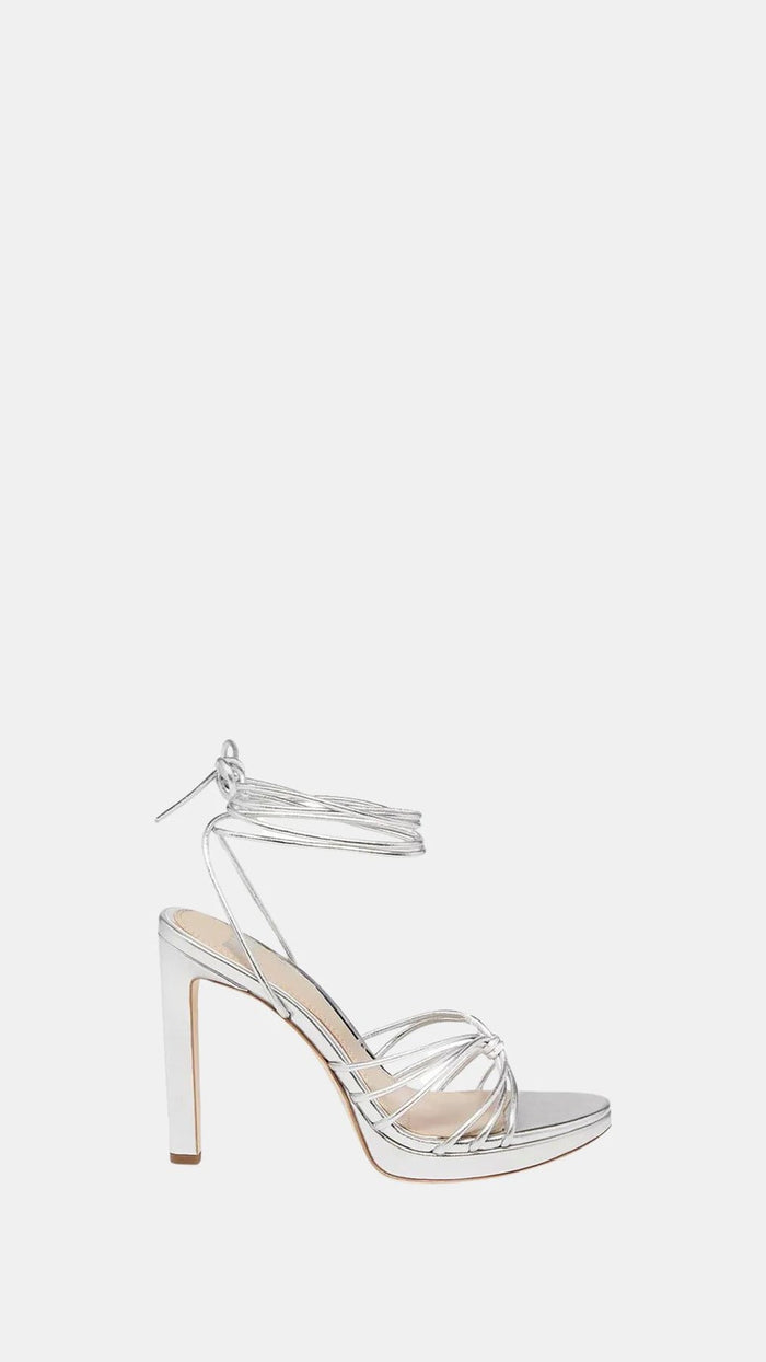 Paige Denim Viola Ankle Tie Strappy High Heel Sandals in Silver