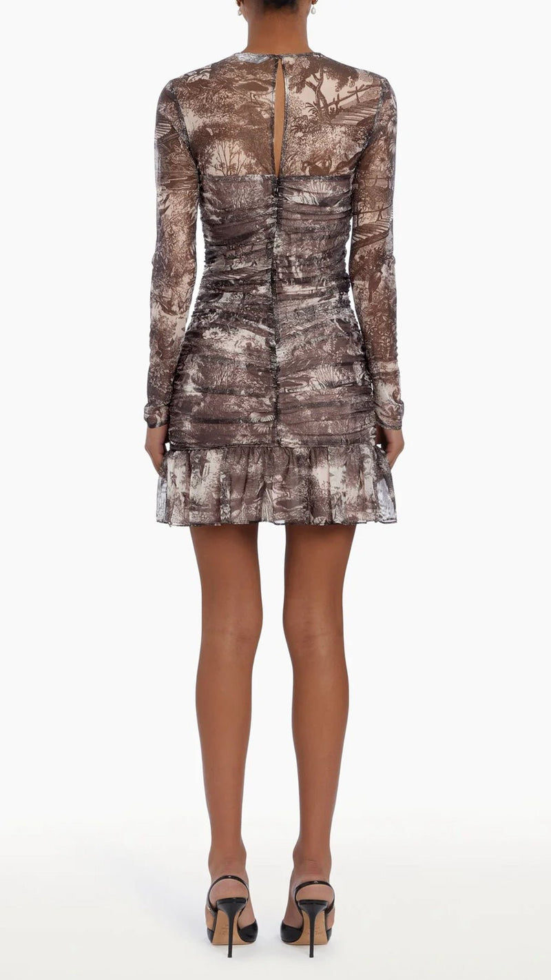 Amanda Uprichard Kiana Long Sleeve Mesh Mini Dress in Sparrow Print