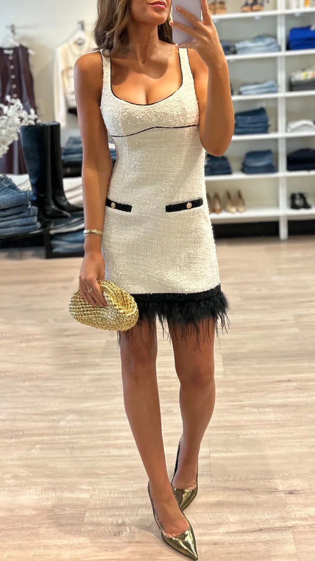 Saylor Velma Tweed Feather Dress in Black and White