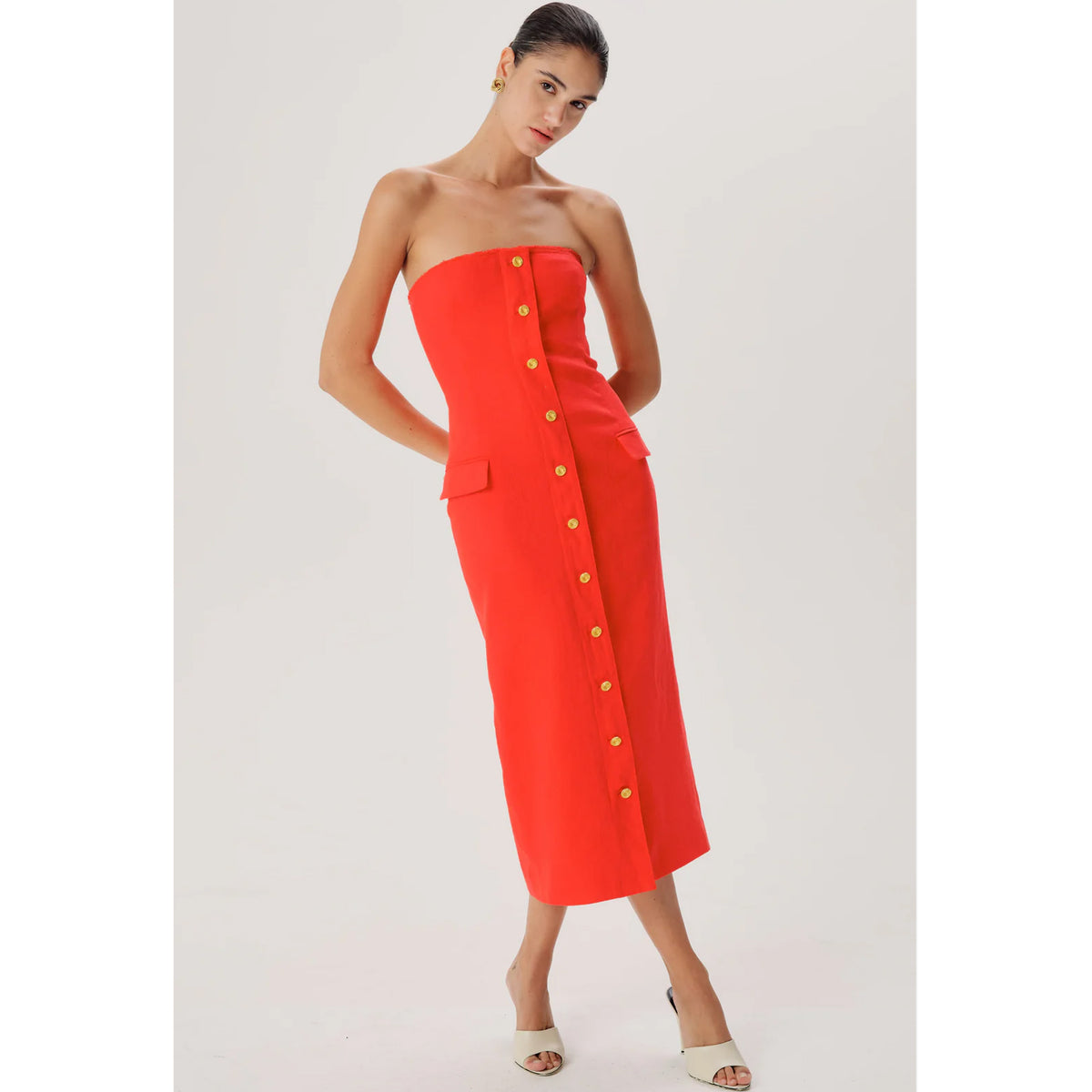 Ronny Kobo Rose Strapless Midi Dress in Red