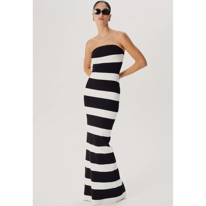 Ronny Kobo Lehua Strapless Knit Gown in Black/White Stripe