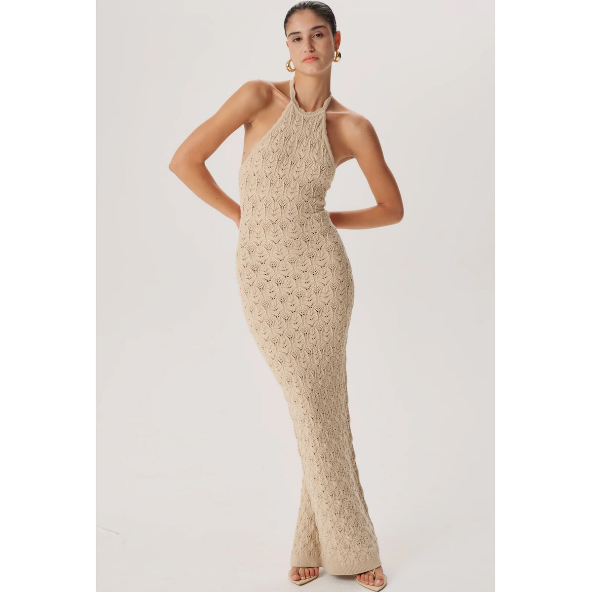 Ronny Kobo Kaiden Halter Knit Maxi Dress in Ecru