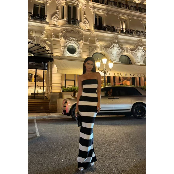 Ronny Kobo Lehua Strapless Knit Gown in Black/White Stripe