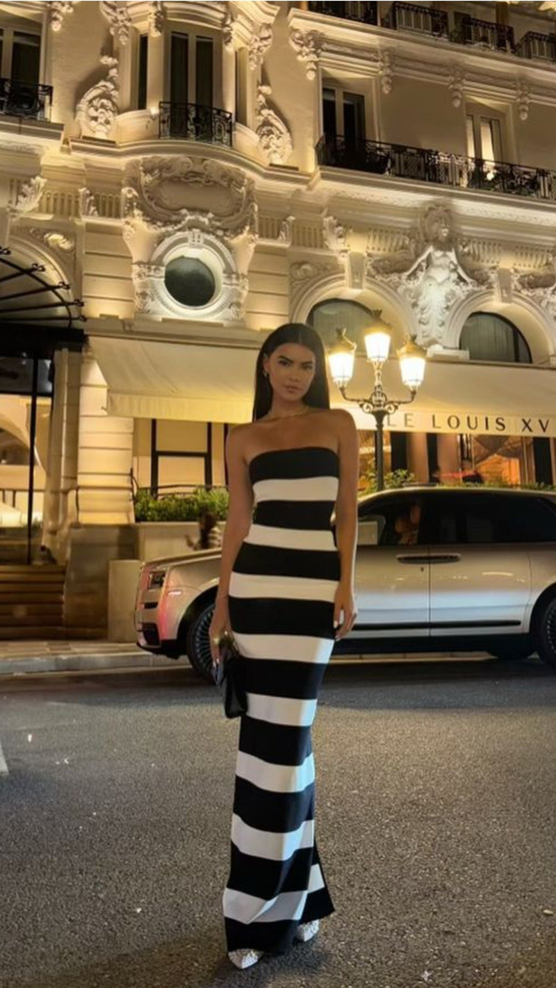 Ronny Kobo Lehua Strapless Knit Gown in Black/White Stripe