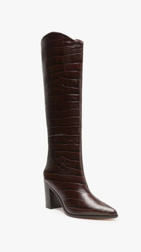 Schutz Maryana Crocodile Embossed Leather Block Boot in Dark Chocolate