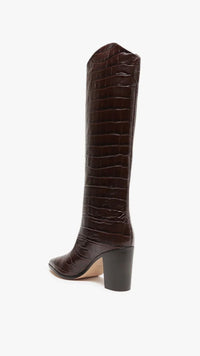 Schutz Maryana Crocodile Embossed Leather Block Boot in Dark Chocolate