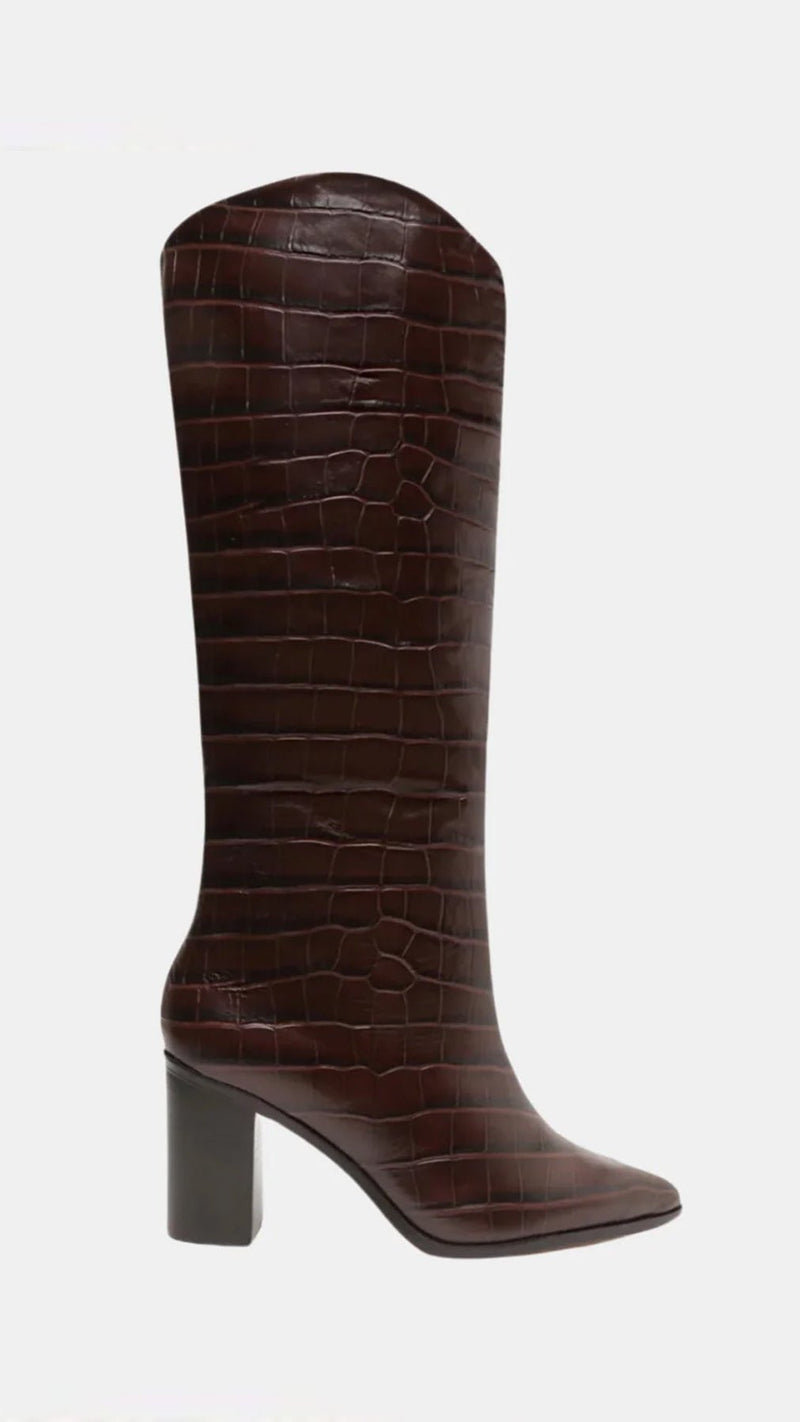 Schutz Maryana Crocodile Embossed Leather Block Boot in Dark Chocolate