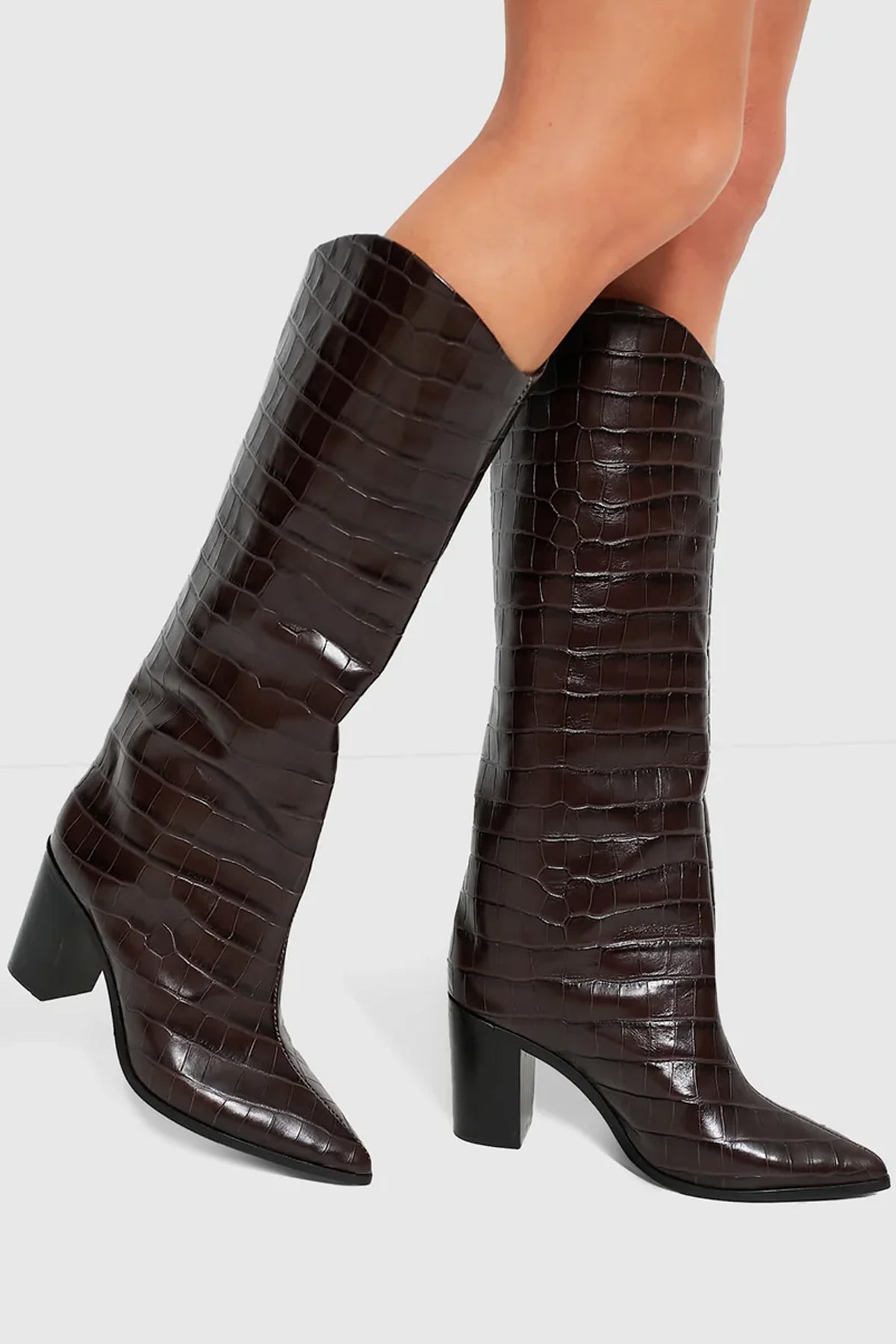 Schutz Maryana Crocodile Embossed Leather Block Boot in Dark Chocolate