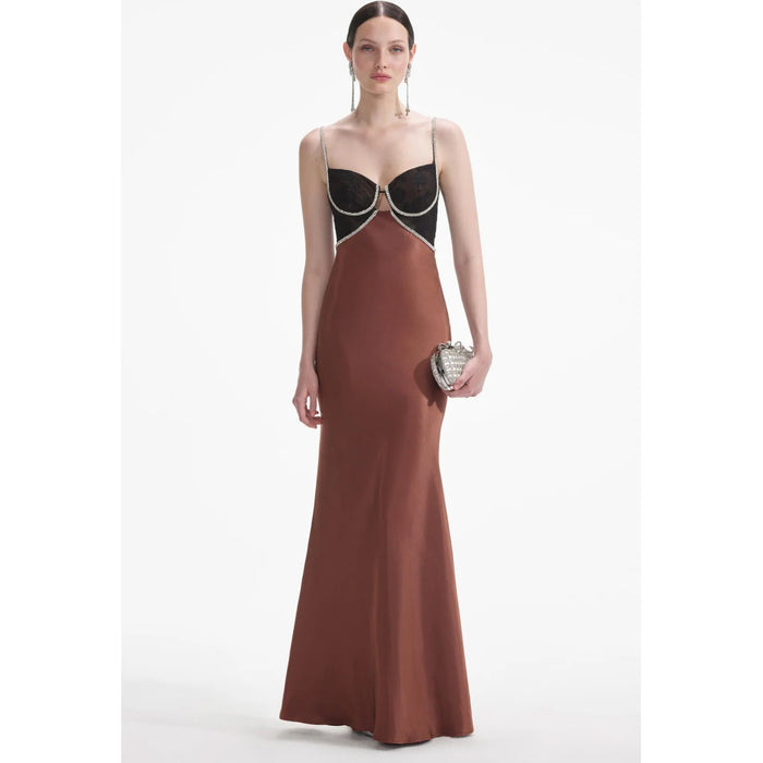 Self Portrait Satin Diamante Gown in Brown