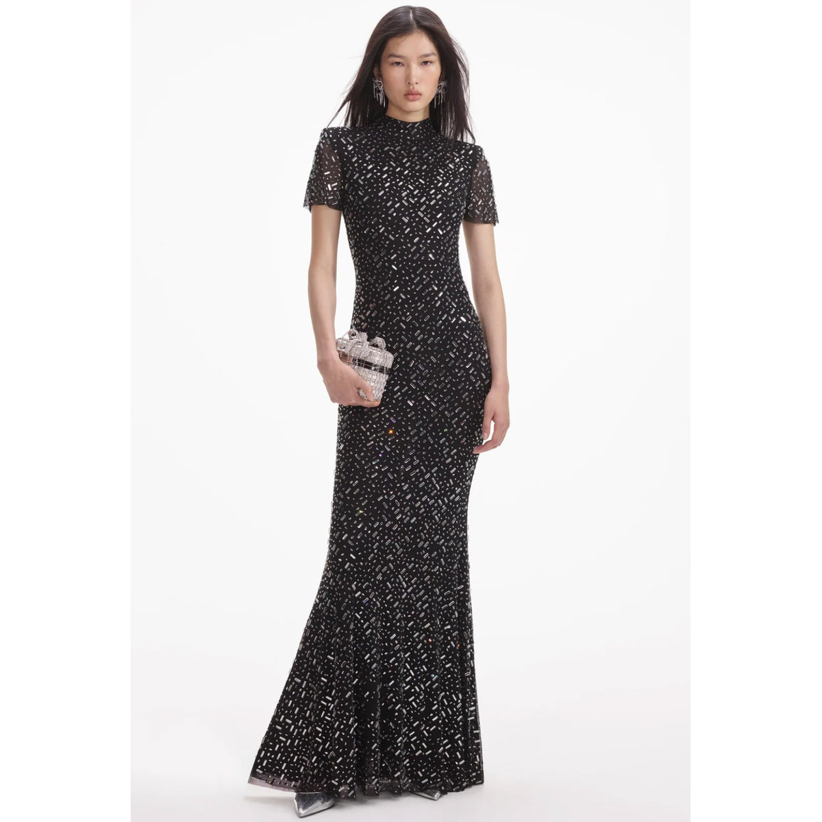 Self Portrait Square Rhinestone Mesh Gown in Black