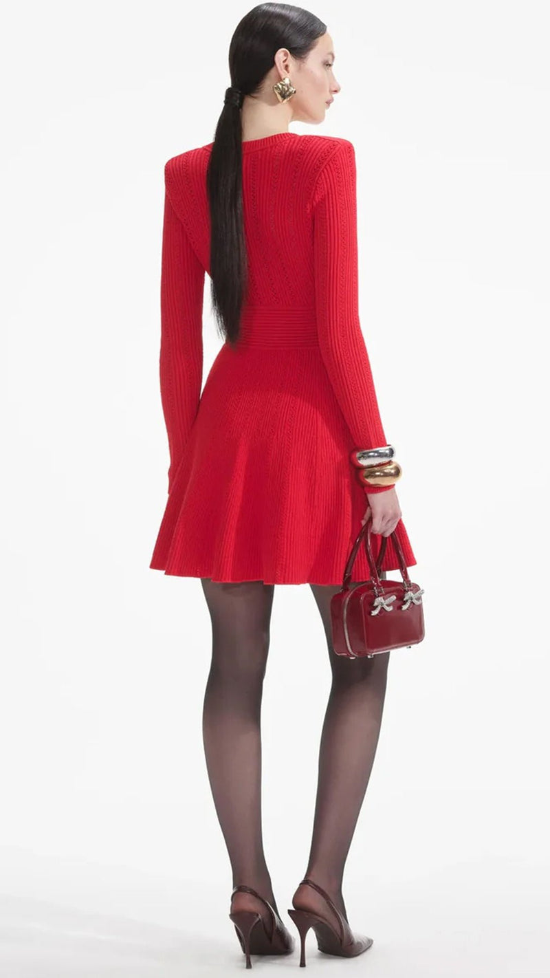 Self Portrait Pointelle Knitted Mini Dress in Red