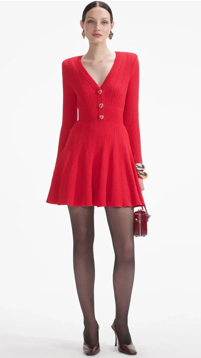 Self Portrait Pointelle Knitted Mini Dress in Red