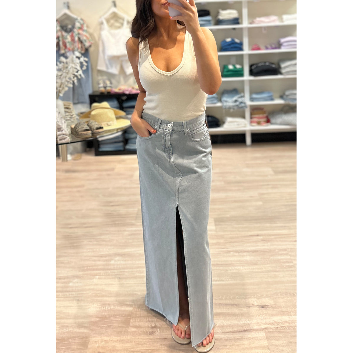 Slvrlake Denim Low Rise Maxi Skirt in Dove