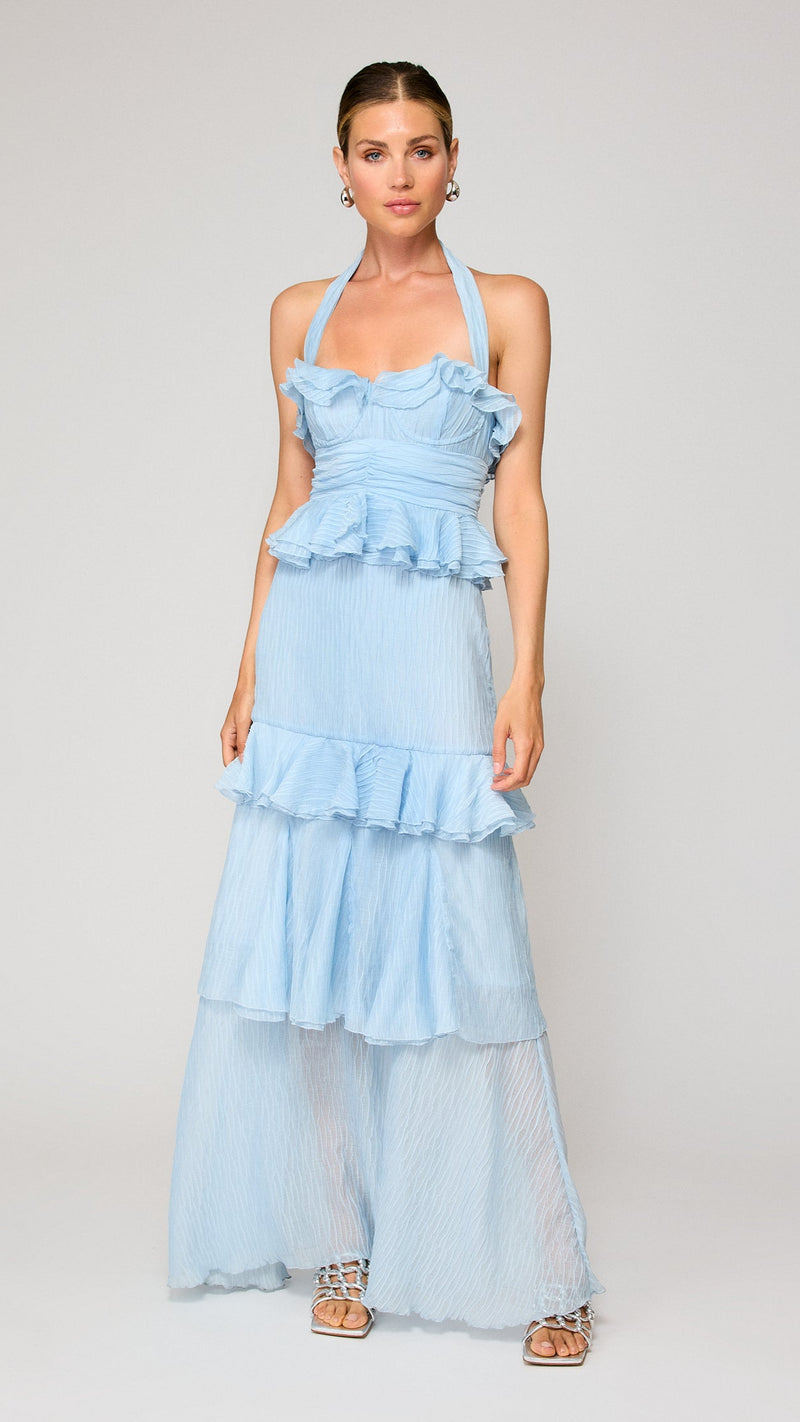 Line and Dot Cari Halter Ruffle Maxi Dress in Light Blue