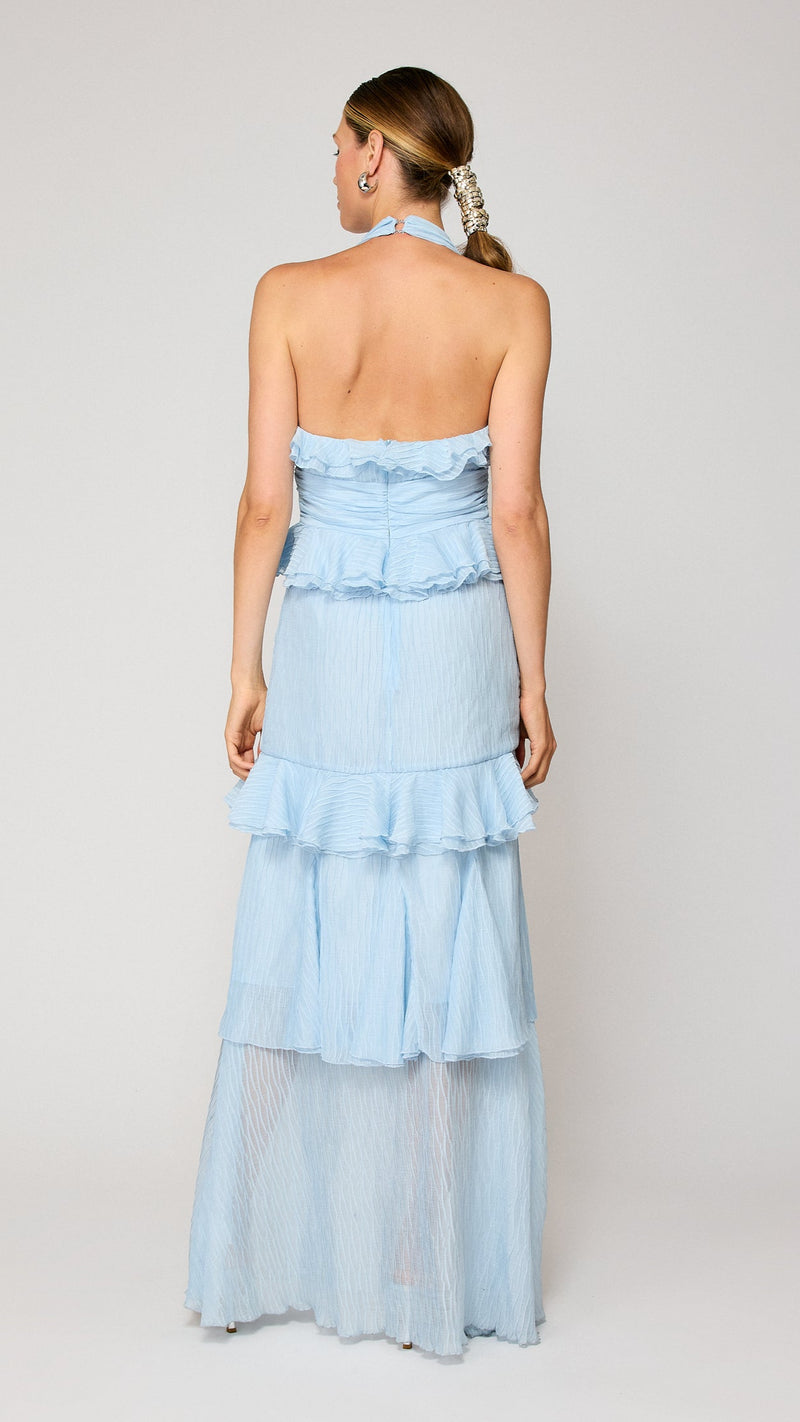 Line and Dot Cari Halter Ruffle Maxi Dress in Light Blue