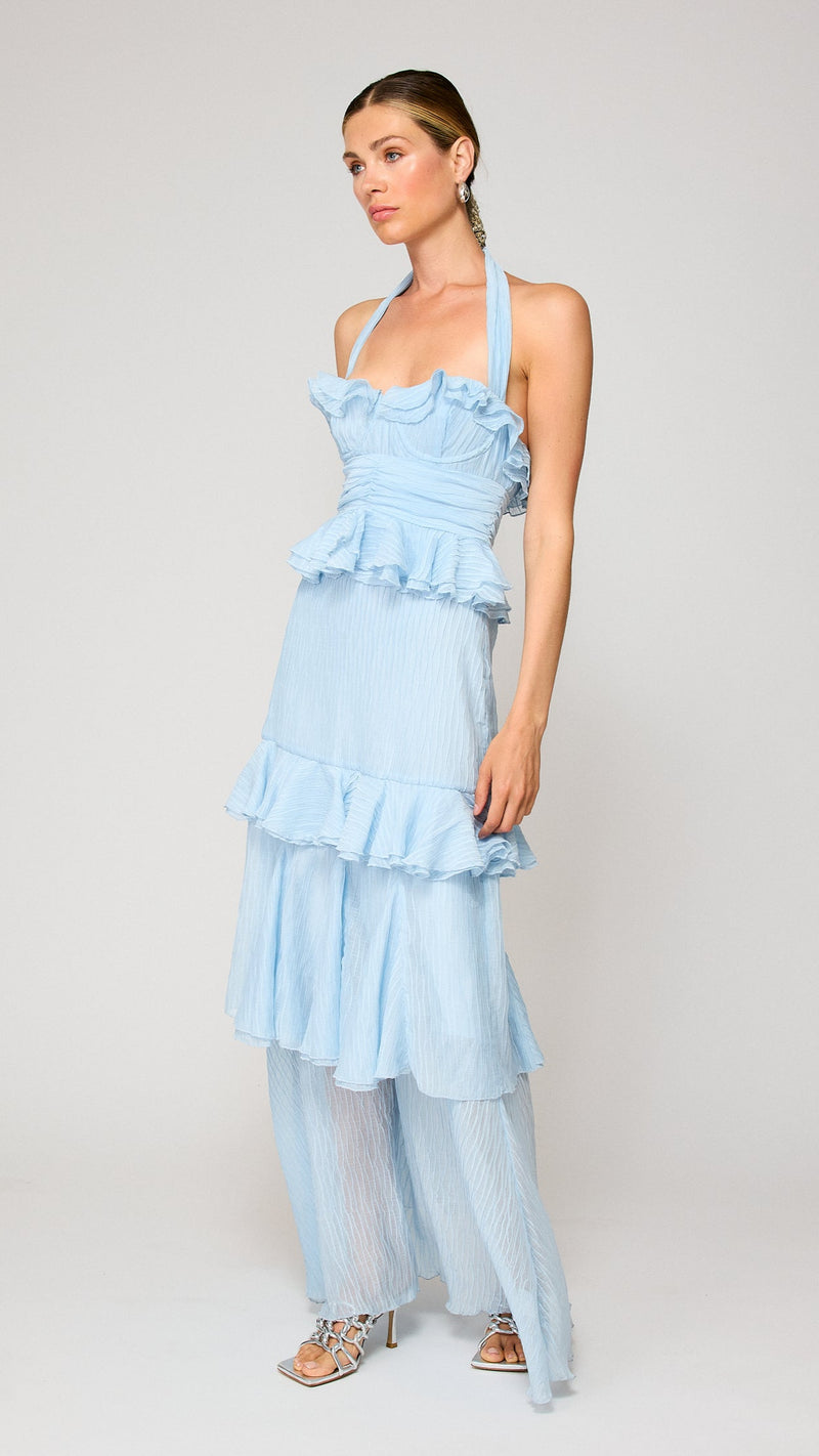 Line and Dot Cari Halter Ruffle Maxi Dress in Light Blue