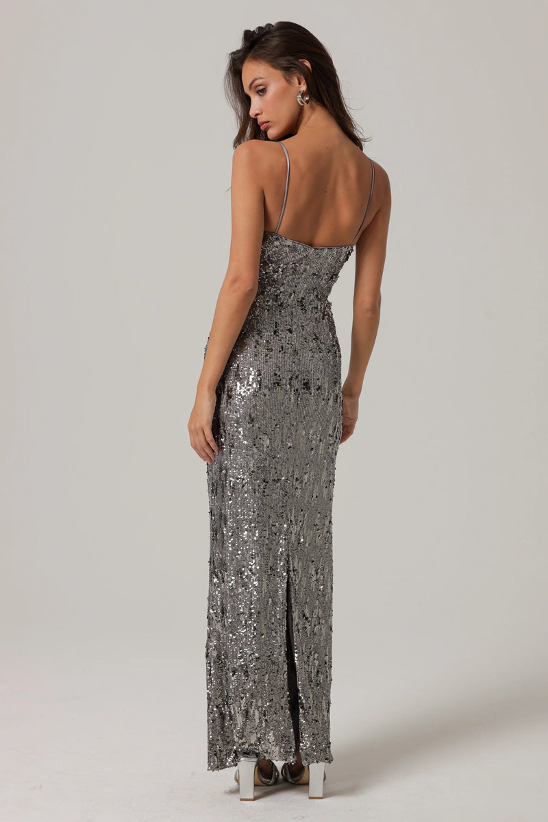 Line and Dot Cache Sequin Dress in Silver