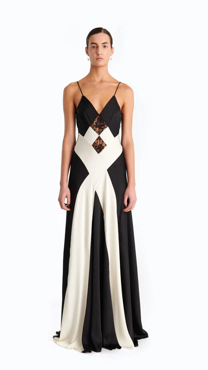 Ronny Kobo Luxy Satin Lace Combo Gown in Ivory/Black